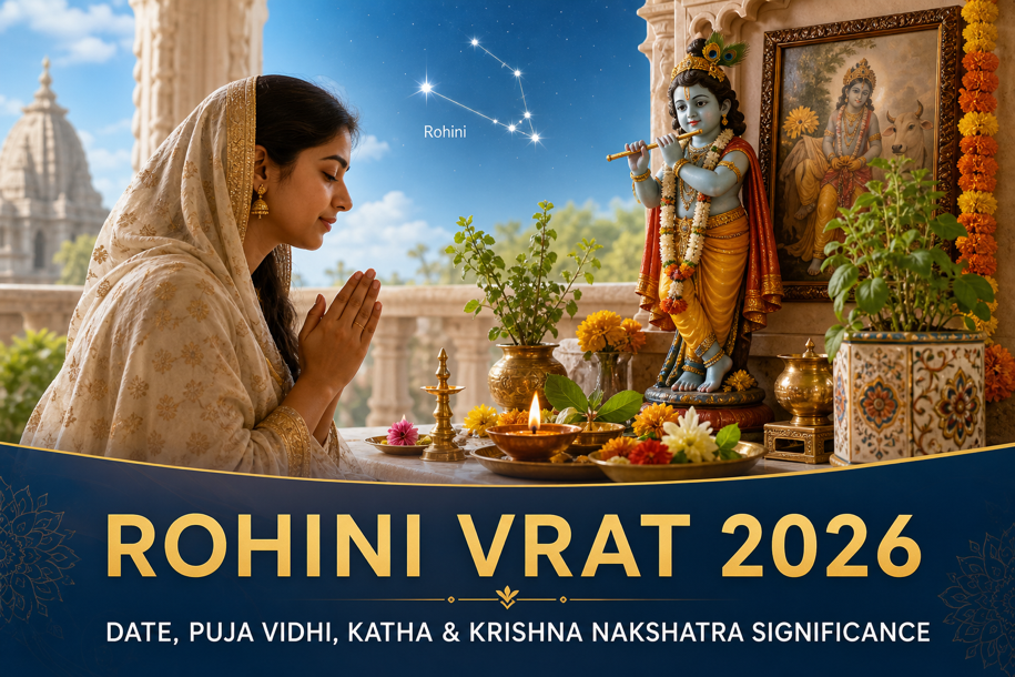 Rohini Vrat 2026 banner showing a devotee praying before Lord Krishna with Rohini Nakshatra motif, covering date, puja vidhi, katha and Krishna Nakshatra significance