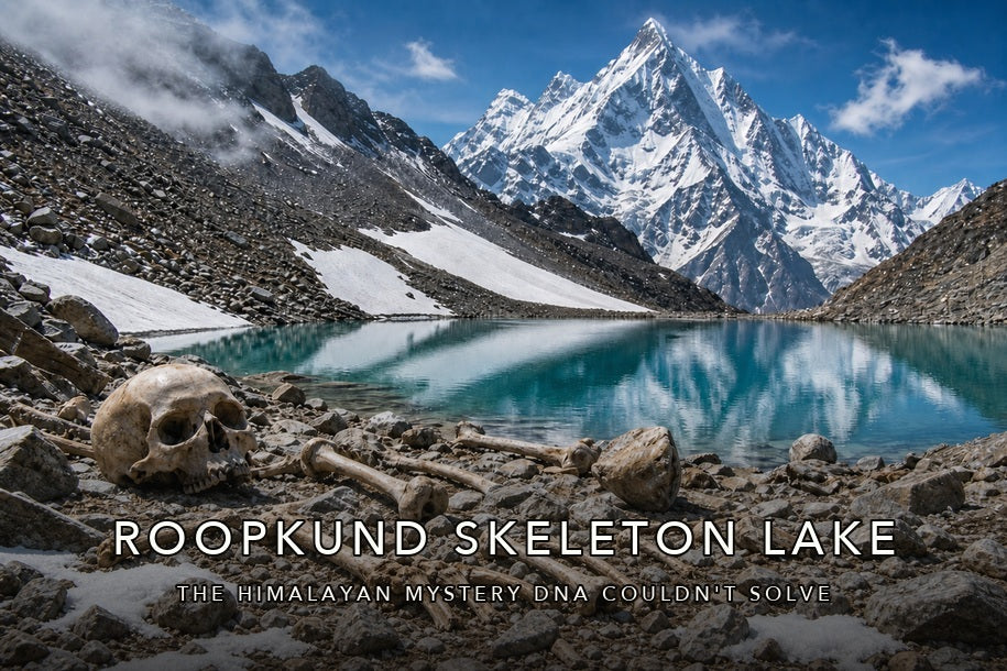 Roopkund Skeleton Lake in the Himalayas with ancient remains near the glacial shore