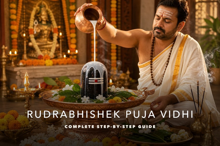 Rudrabhishek in Sawan 2026 banner showing a devotee performing milk abhishek on a Shivling with title text about vidhi, abhishek dravya, muhurat and benefits