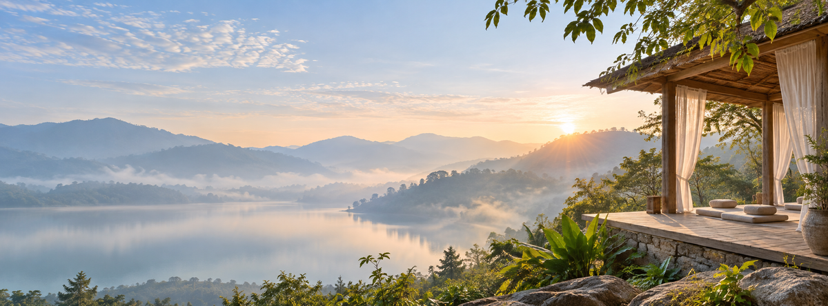 Calm mountain valley representing meditation, Yoga Nidra and guided inner work