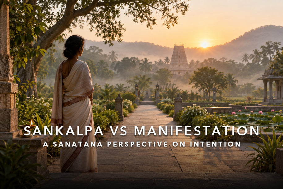 Woman overlooking a temple at sunrise for a guide to sankalpa and manifestation