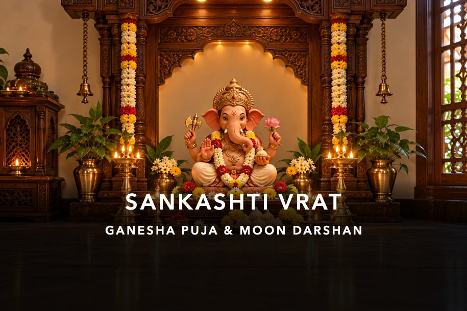SANKASHTI VRAT: traditional Ganesha shrine with crop-safe title and devotional subtitle