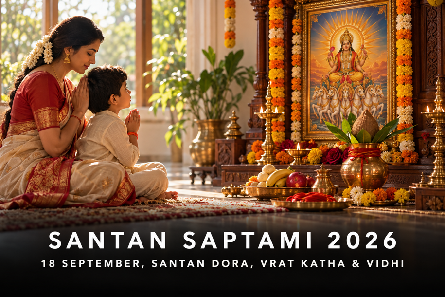 Santan Saptami 2026 banner showing a mother and child praying before a Surya shrine, with Santan Dora offerings