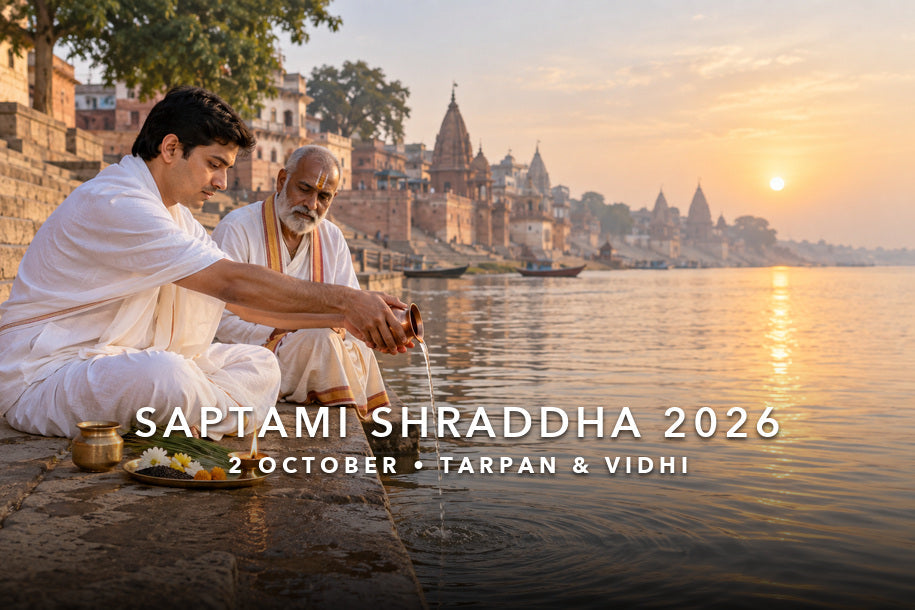 Saptami Shraddha 2026 tarpan at an Indian riverside ghat on 2 October