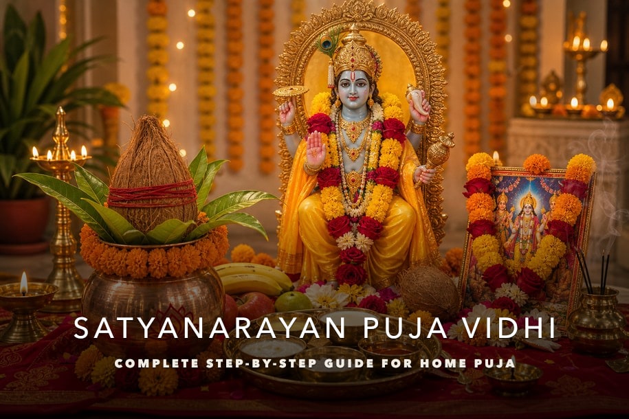 Satyanarayan Puja Vidhi with Lord Vishnu, kalash, flowers and home puja offerings