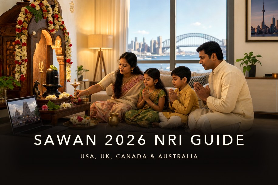 Sawan 2026 NRI guide banner showing an Indian family performing Shiva puja at home abroad with a small home altar, temple livestream and city skyline, for devotees in USA, UK, Canada and Australia