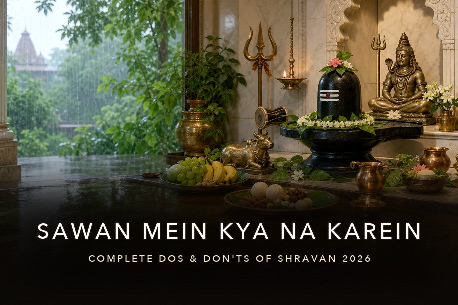 Shravan 2026 dos and don'ts banner with Lord Shiva home altar and title text about what not to do during Sawan