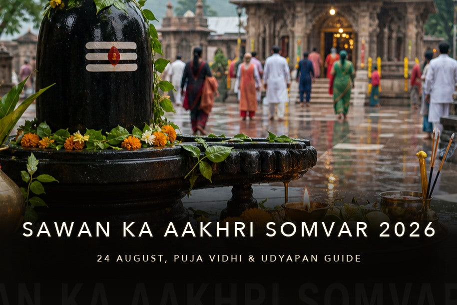 Sawan ka Aakhri Somvar 2026 banner showing a decorated Shivling in a rain-washed temple courtyard with puja thali, for 24 August puja vidhi and udyapan guide