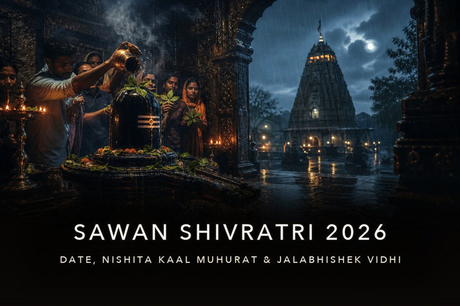 Sawan Shivratri 2026 banner showing devotees offering jalabhishek to a Shivling at a rain-soaked temple with title text about date, Nishita Kaal muhurat and jalabhishek vidhi