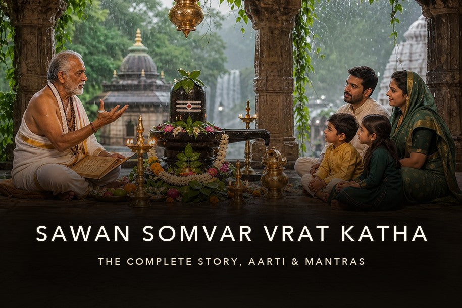 Sawan Somvar Vrat Katha banner showing a priest narrating before a Shivling with title text about the complete story, aarti and mantras
