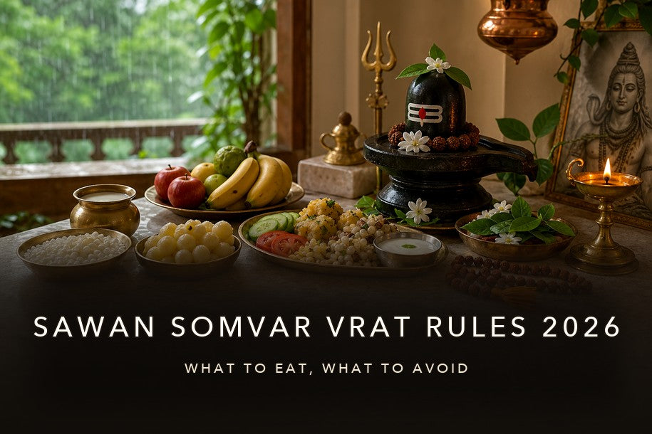 Sawan Somvar Vrat Rules 2026 banner with Shivling, fasting foods and title text about what to eat and what to avoid