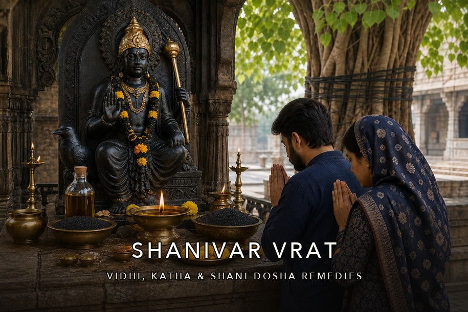 Shani Dev worship for Shanivar Vrat with mustard oil lamps and devotees