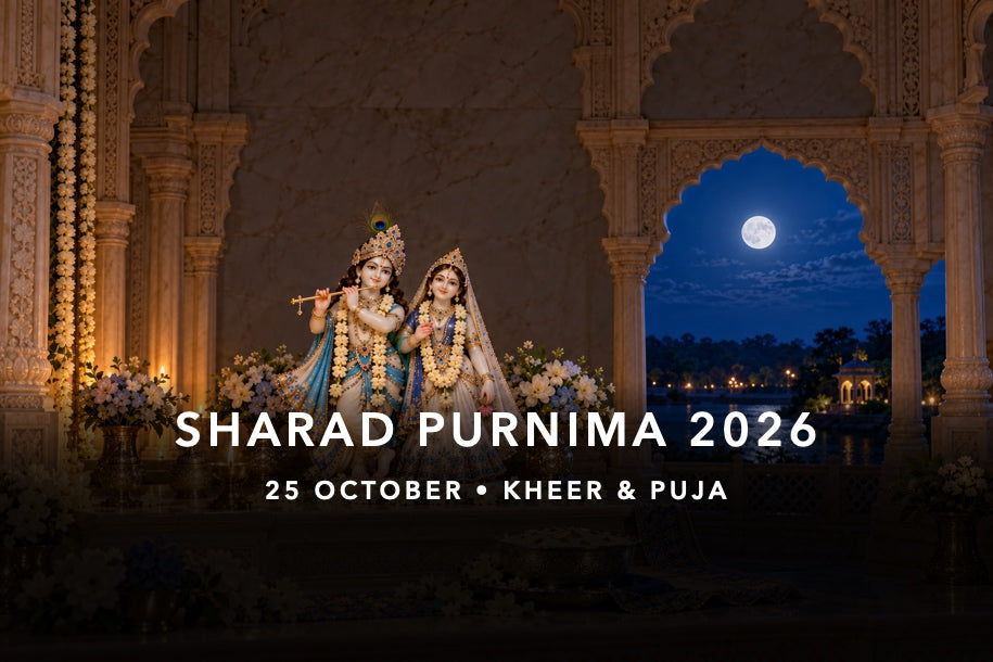 Radha and Krishna murtis with autumn full moon, kheer and a supervised diya for Sharad Purnima on 25 October 2026