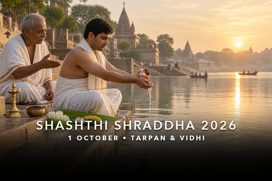 Shashthi Shraddha 2026 tarpan at an Indian riverside ghat on 1 October