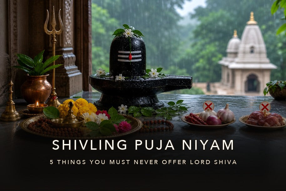 Shivling Puja Niyam banner showing a Shivling with puja samagri and title text about five things you must never offer Lord Shiva