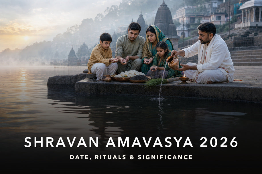 Shravan Amavasya 2026 banner showing a family performing pitru tarpan by a riverside ghat with temples in the background