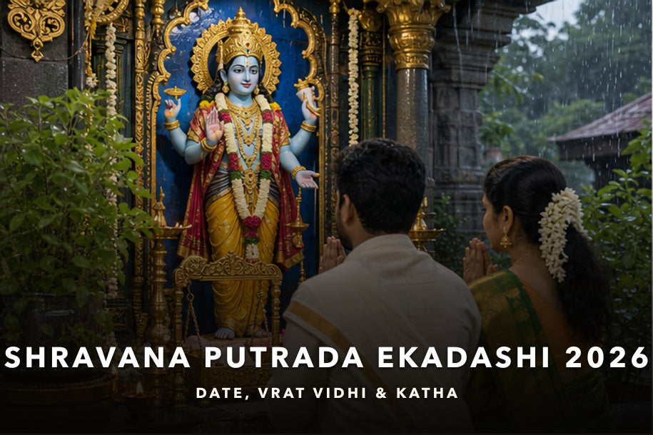 Shravana Putrada Ekadashi 2026 banner with Lord Vishnu devotional imagery and title text about date, parana time and vrat katha