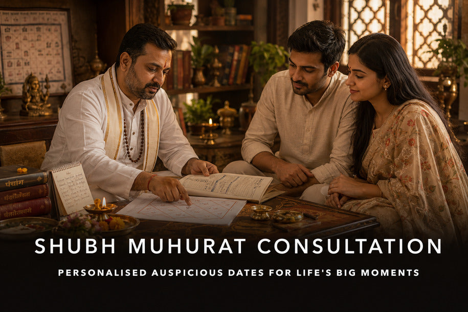 Shubh Muhurat consultation banner showing an astrologer reviewing a Panchang and kundli with a couple to select personalised auspicious dates
