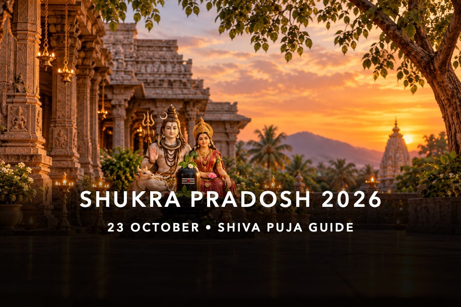 Shiva and Parvati temple murtis beside a bilva-decorated Shivling for Shukra Pradosh Vrat on 23 October 2026