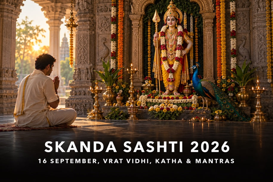 Skanda Sashti 2026 banner showing a devotee praying before Lord Murugan with the sacred Vel and peacock, covering 16 September vrat vidhi, katha and mantras