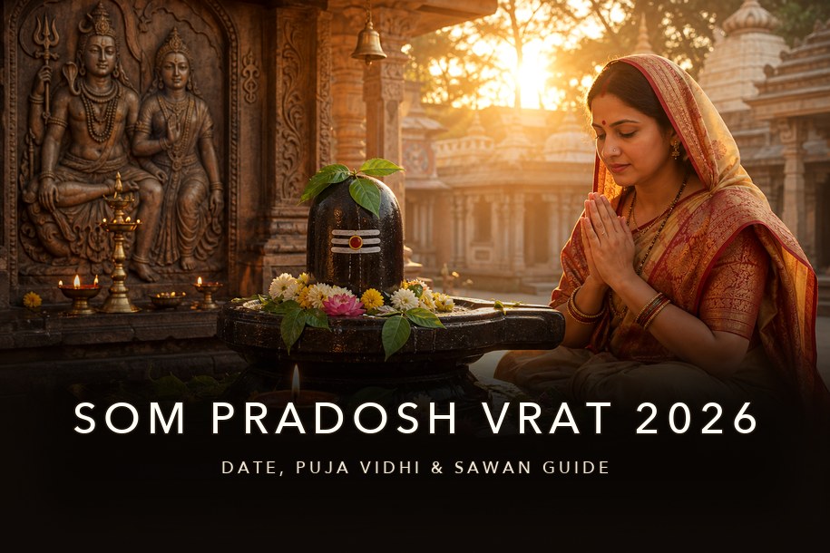 Som Pradosh Vrat 2026 banner showing a woman praying before a Shiva lingam at a temple during pradosh time with title text about date, puja vidhi and Sawan guide