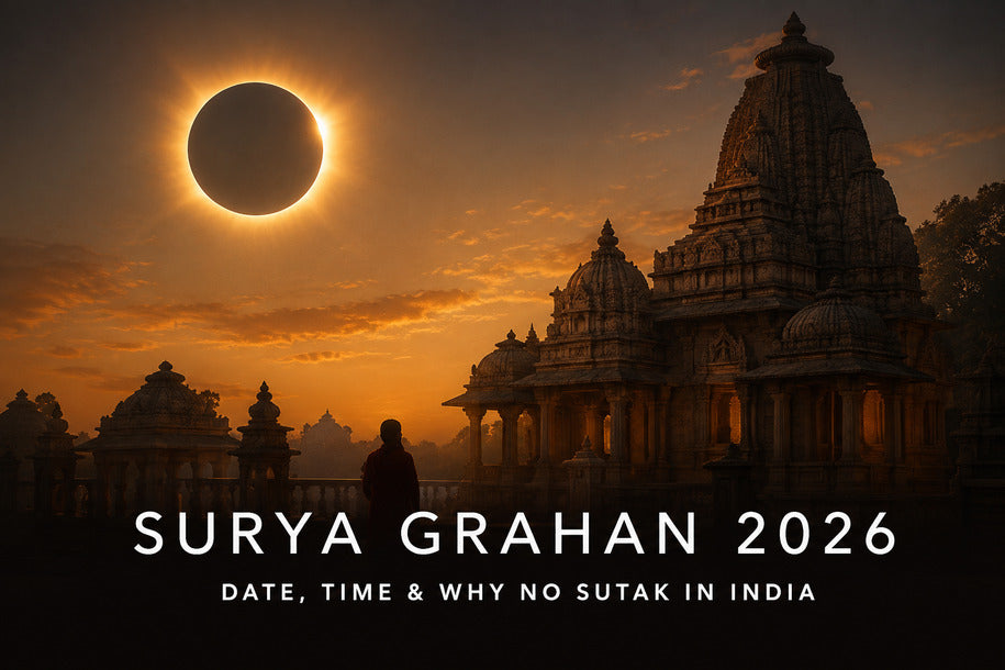 Surya Grahan 2026 banner showing a realistic solar eclipse above an Indian temple with date, time and no Sutak in India headline
