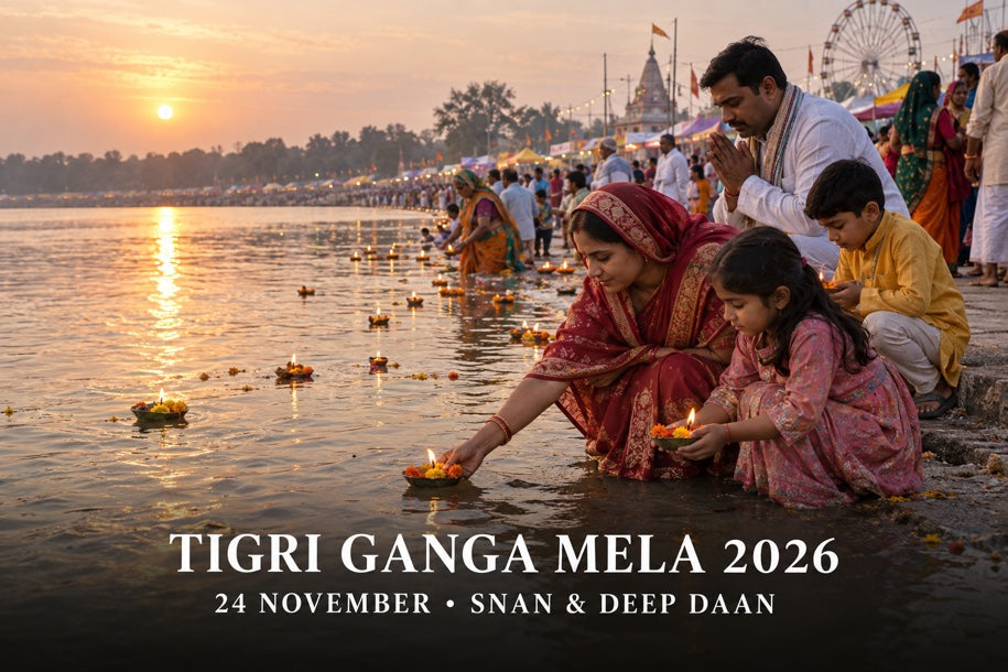 Illustrative banner for Tigri Ganga Mela 2026: family offering lamps beside the Ganga at sunset