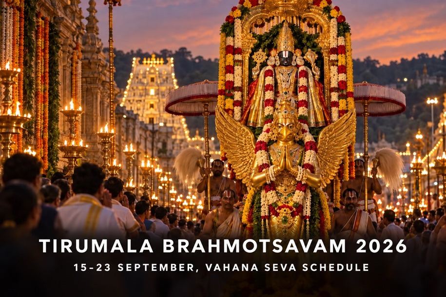 Tirumala Brahmotsavam 2026 Garuda Vahana Seva schedule banner with gradient