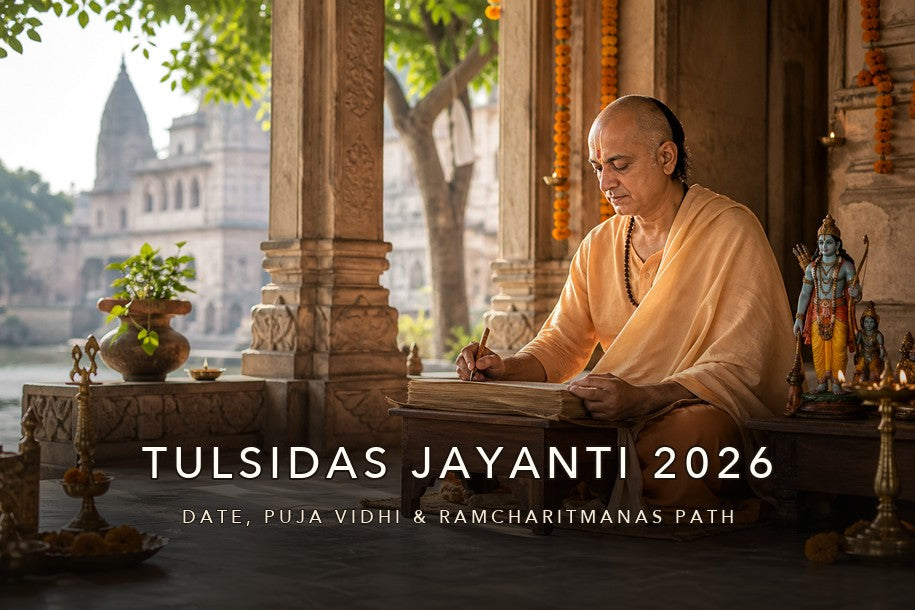 Tulsidas Jayanti 2026 banner showing Goswami Tulsidas writing the Ramcharitmanas in a serene temple courtyard, covering date, puja vidhi and Ramcharitmanas path