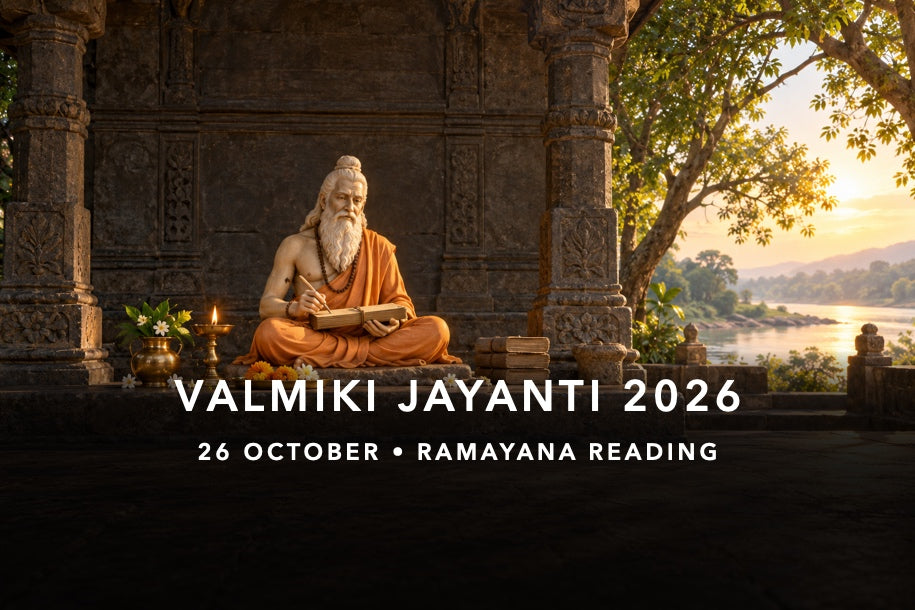 Artistic Maharishi Valmiki murti with manuscript in a riverside shrine for Valmiki Jayanti on 26 October 2026