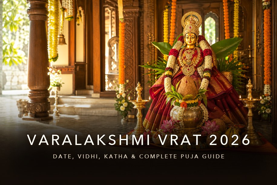 Varalakshmi Vratam 2026 banner showing Goddess Varalakshmi seated in a decorated home shrine with kalash, lamps and floral garlands, covering date, puja vidhi, katha and kalasha guide