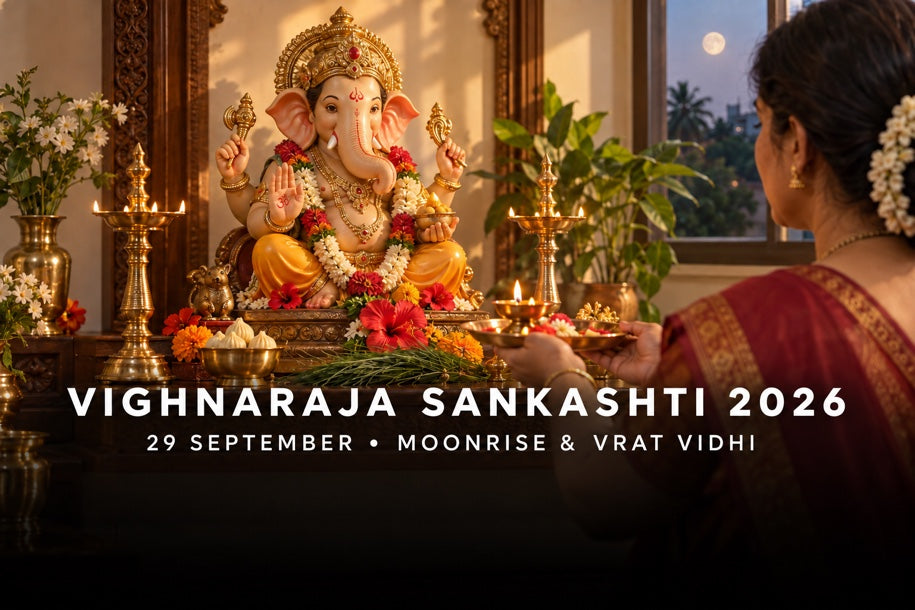 Vighnaraja Sankashti 2026 banner showing a devotee worshipping Lord Ganesha, with 29 September moonrise and vrat guidance.