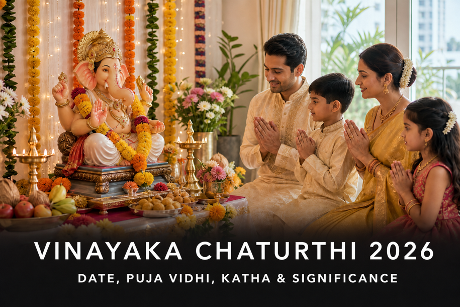 Vinayaka Chaturthi 2026 banner showing a family praying before Lord Ganesha in a festive daytime home, covering date, puja vidhi, katha and significance