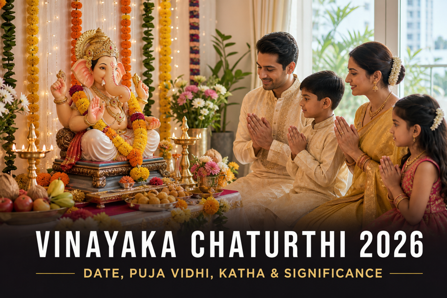 Vinayaka Chaturthi 2026 banner showing a family performing Ganesh puja before Lord Ganesha, covering date, puja vidhi, katha and significance