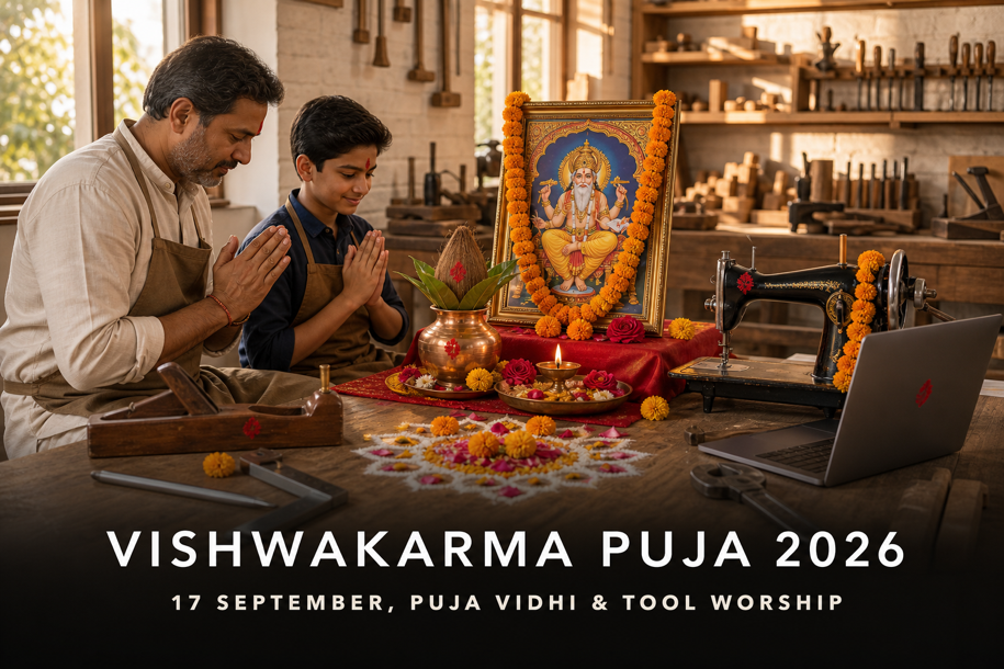 Vishwakarma Puja 2026 banner showing a craftsperson and apprentice worshipping Lord Vishwakarma with clean workshop tools, a sewing machine, laptop, kalash and diya
