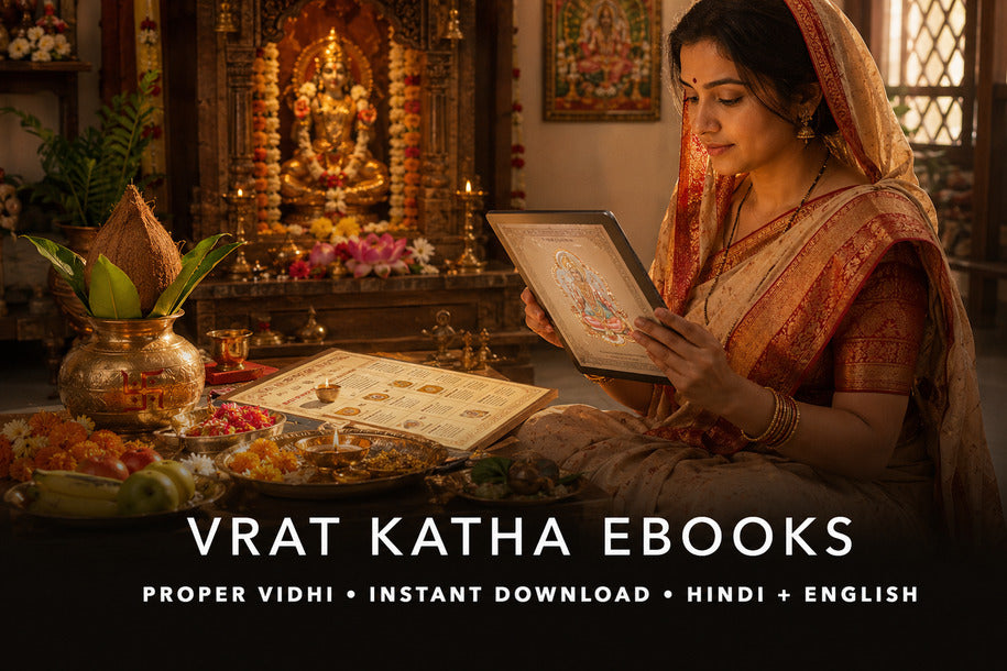 Vrat Katha eBooks banner showing a devotee using a digital puja guide beside a home mandir, puja thali and kalash