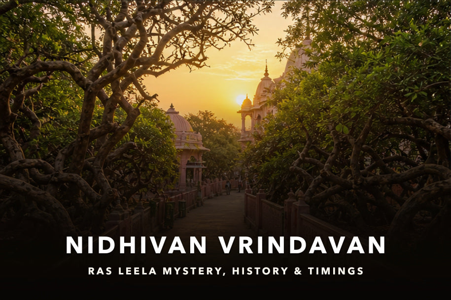 Nidhivan in Vrindavan at golden hour with temple architecture among sacred tulsi groves