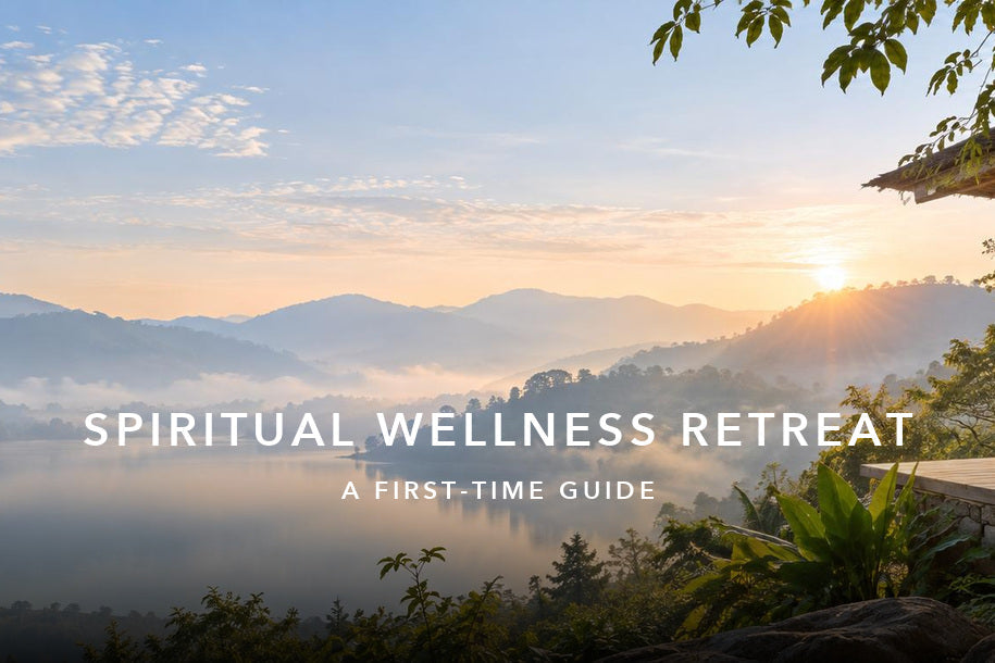 What Is a Spiritual Wellness Retreat? A First-Time Guide: a peaceful lakeside retreat scene with a centred title and subtitle.