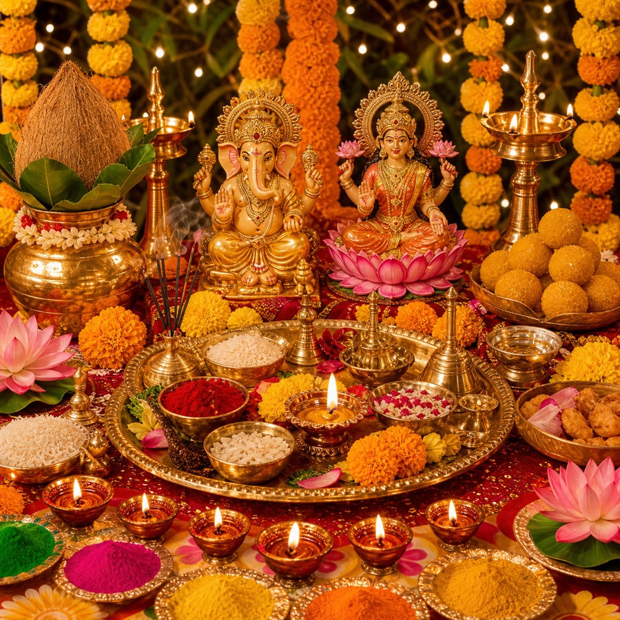 Diwali puja items and samagri list with diyas, Lakshmi Ganesha puja setup, kalash and flowers