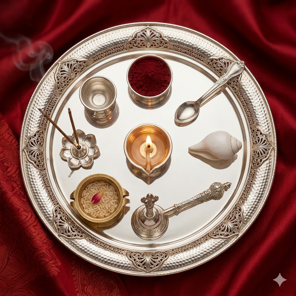 German silver pooja thali set with diya kumkum shankh and bell - buy online India