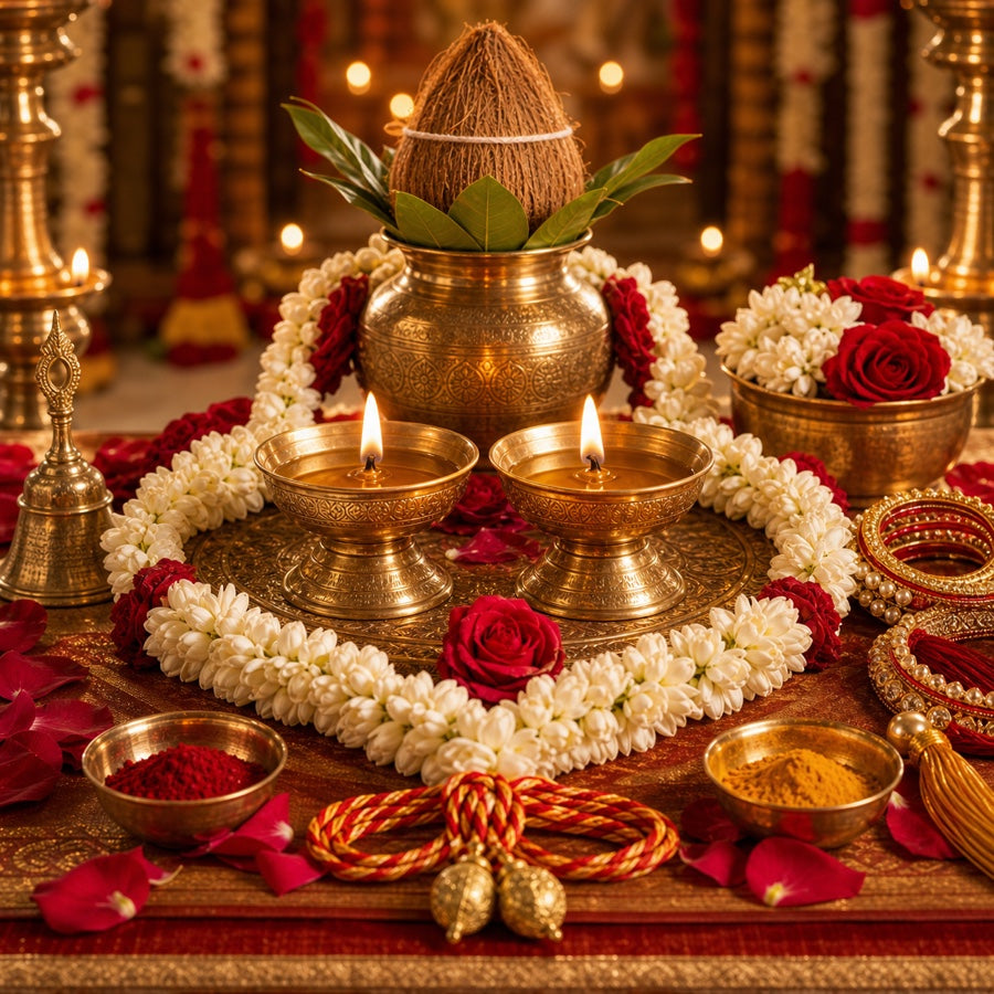 Vrat kathas for marriage and love with paired diyas, garlands and sacred wedding symbols