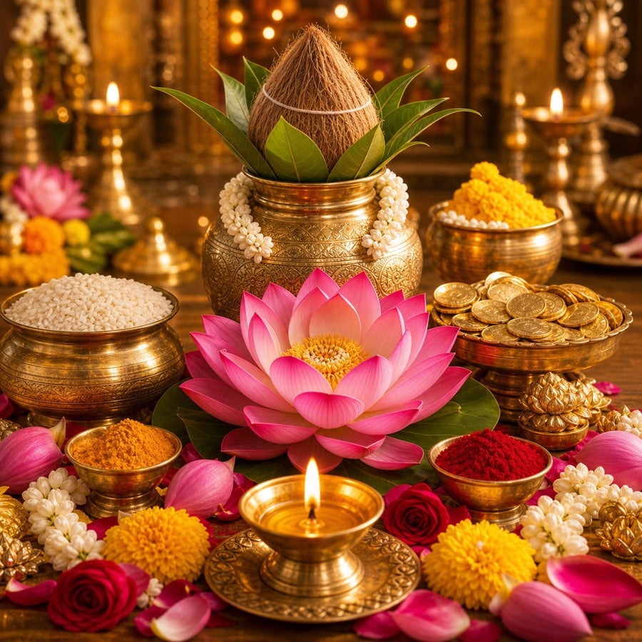 Vrat kathas for wealth and prosperity with lotus, kalash, grains and auspicious offerings