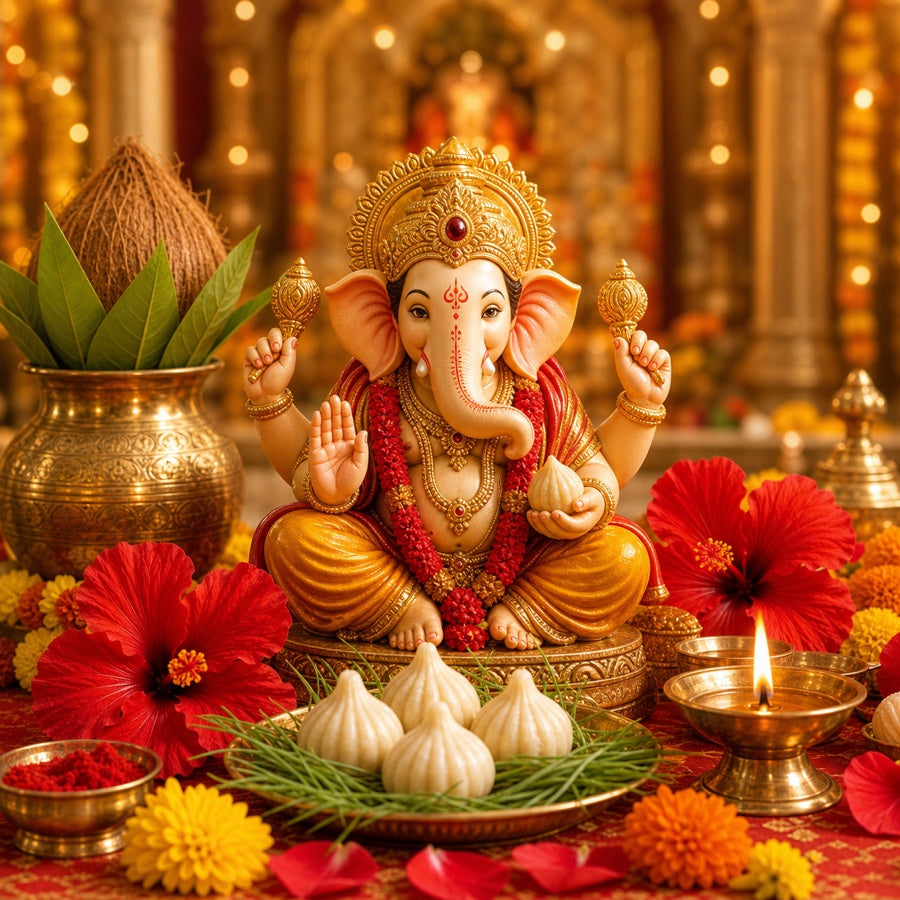 Ganesha vrat katha eBooks with Lord Ganesha, modak, durva grass and diya