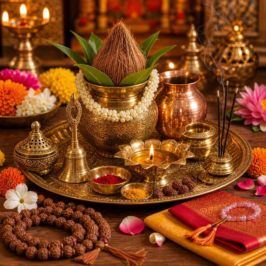 Bestselling pooja items and devotional products arranged on a Hindu altar