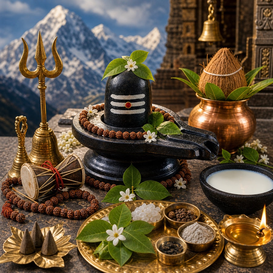 Mahadev special pooja items and Shiva bhakt kits with Shivling and bilva leaves