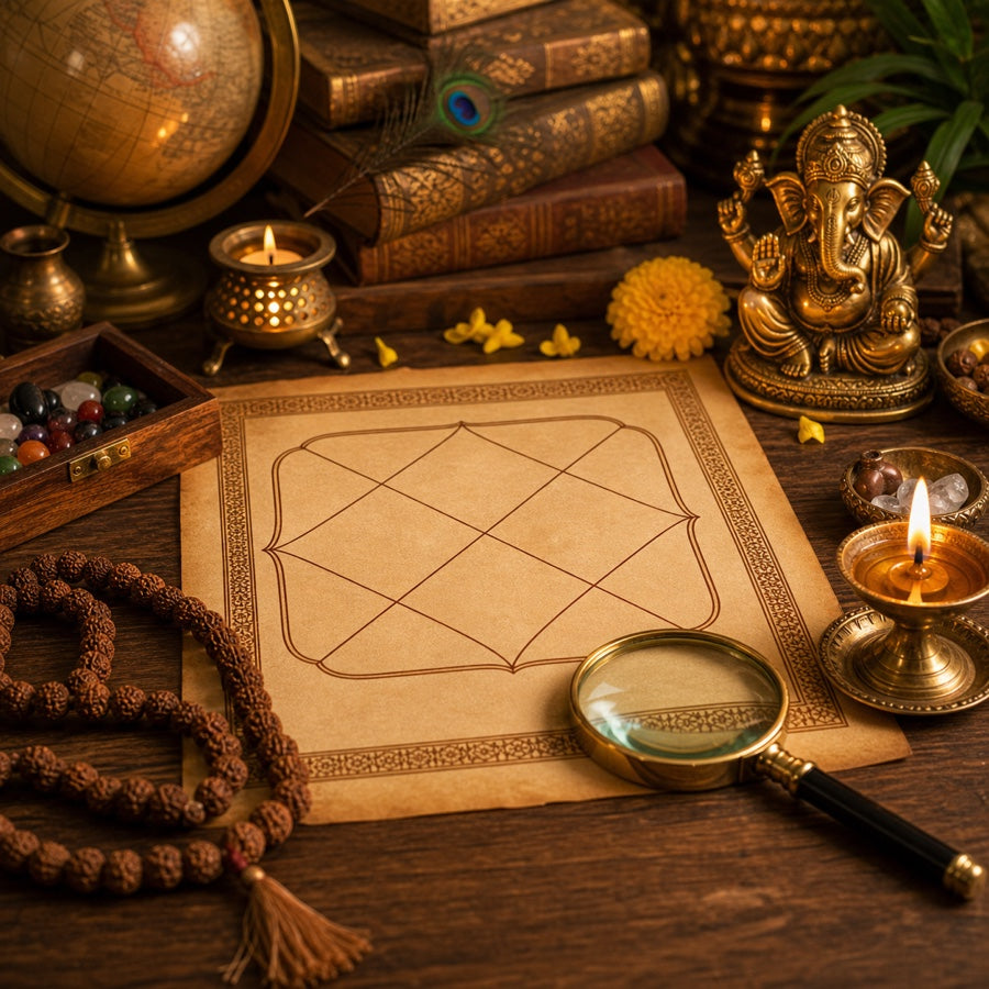 Kundli analysis and Vedic astrology consultation with horoscope chart and diya
