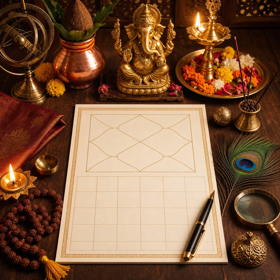 Muhurat consultation with Vedic astrology chart, panchang, diya and auspicious ritual items
