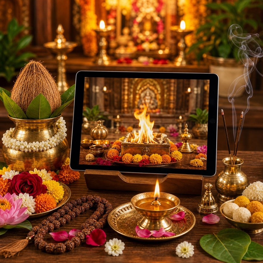 Online pooja booking service with tablet, havan scene and Hindu puja items