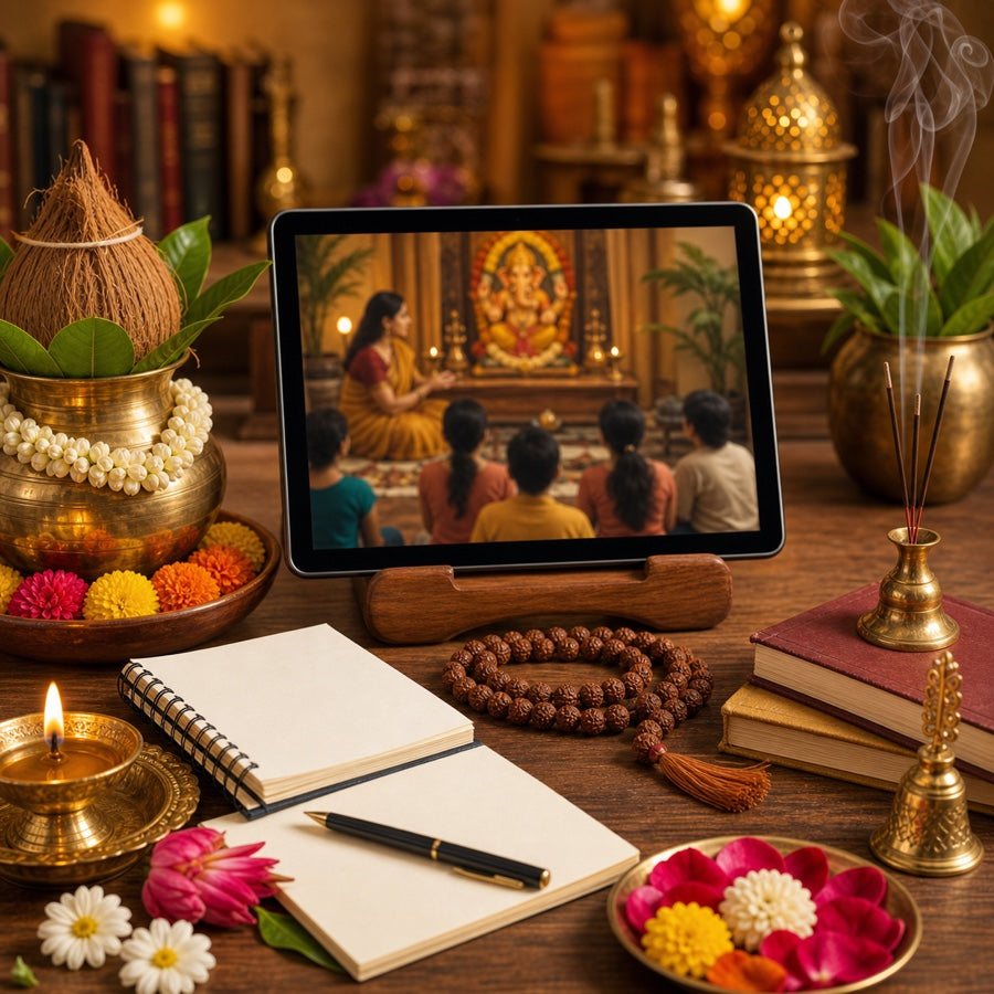 Online spiritual workshop with tablet, notebook, mala beads and devotional learning setup