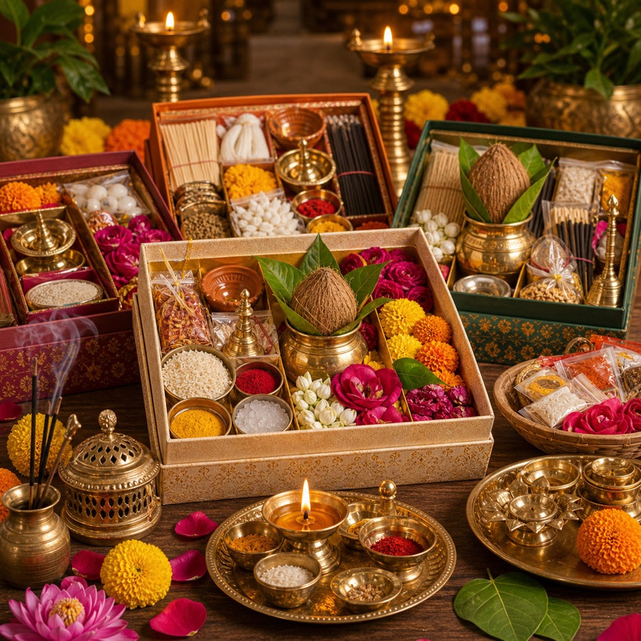 Pooja kits and combos with complete puja samagri arranged in devotional boxes